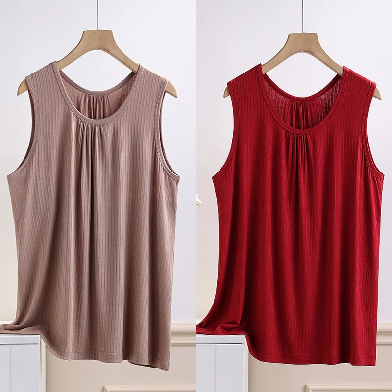 莫代尔女士宽肩无袖背心宽松大码薄款上衣遮肚显瘦加肥妈妈背心夏