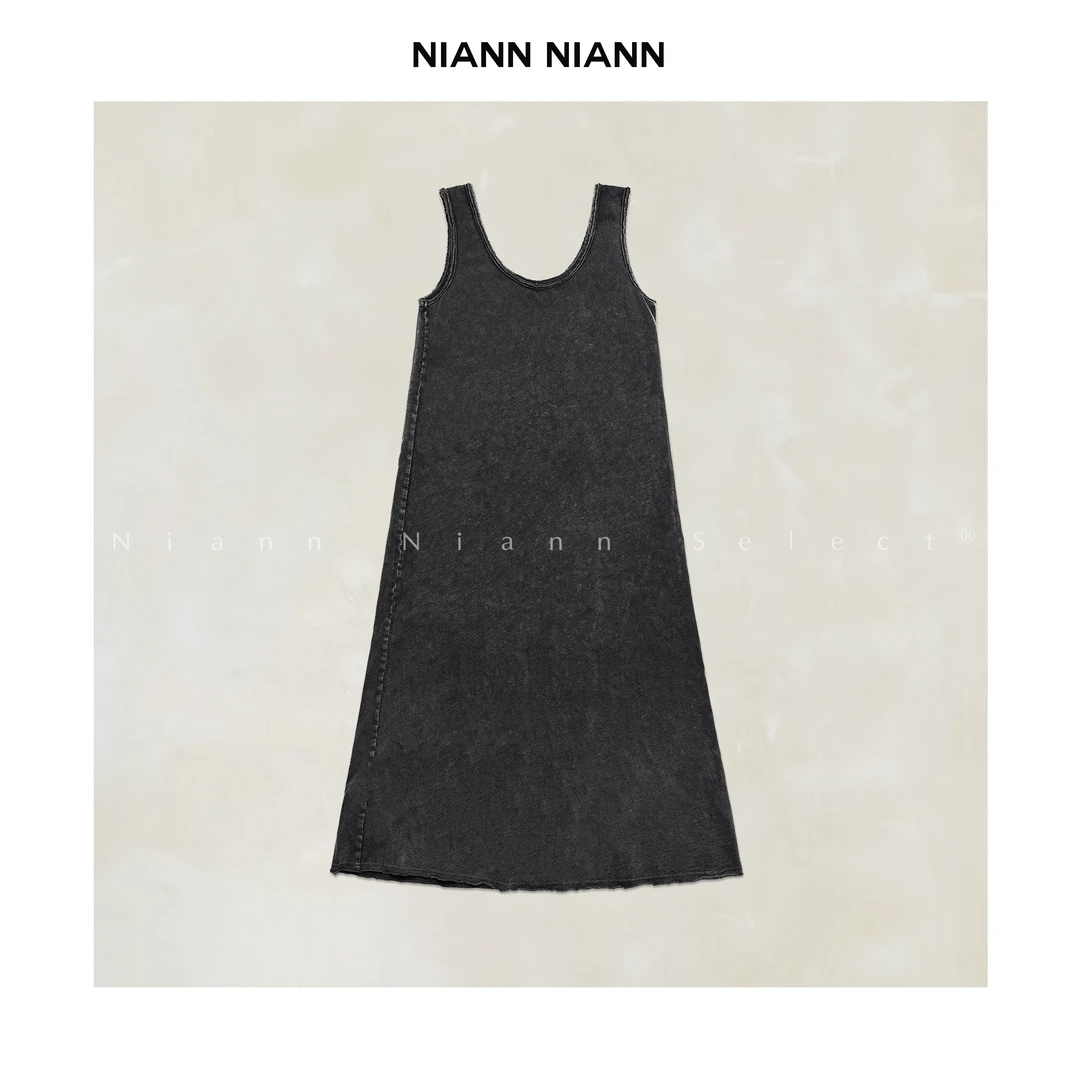 NiannNiann 新款女装极简百搭舒适棉质U领肌理感水洗长裙15855