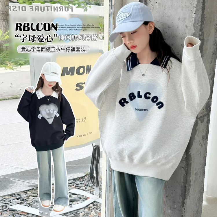 女童休闲套装春秋季新款中大童POLO衫卫衣牛仔裤两件套初中生衣服