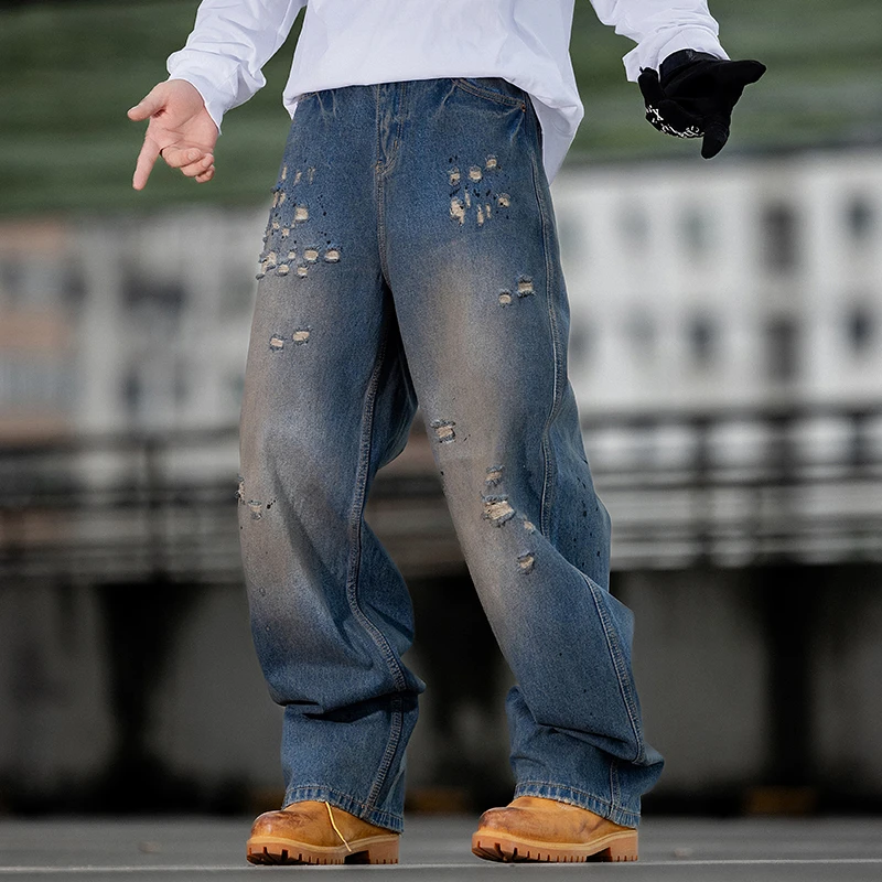 2025新款潮流美式泼墨涂鸦弯刀牛仔裤男街头oversize阔腿裤宽松水