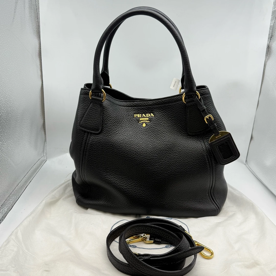 99新 Prada/普拉达  黑金荔枝纹牛皮斜挎包