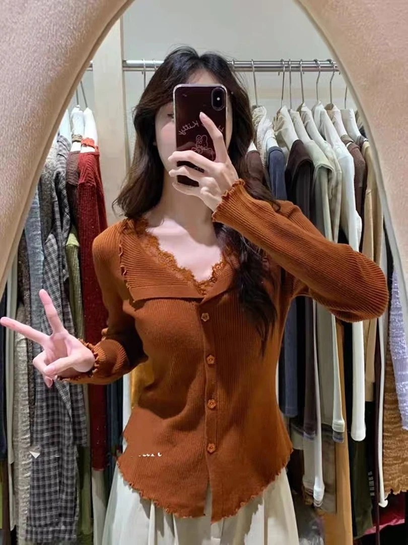 针织拼接女法式秋季翻领毛针织衫蕾丝衬衫上衣毛衣加绒