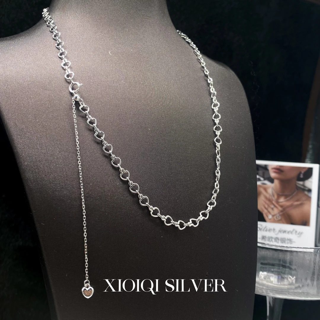 坠链均925银 设计师款S925银桃心项链女轻奢个性锁骨链可调节百搭