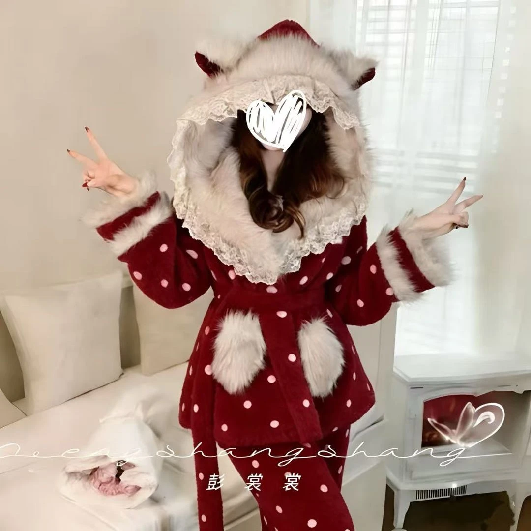 彭裳裳【绒莓点点】冬装上新女士潮流保暖绒加厚舒适百搭居家服套装