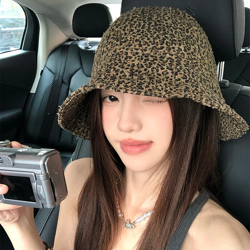 复古做旧豹纹大帽檐渔夫帽女美式街头潮流帽子小众显脸小遮阳盆帽