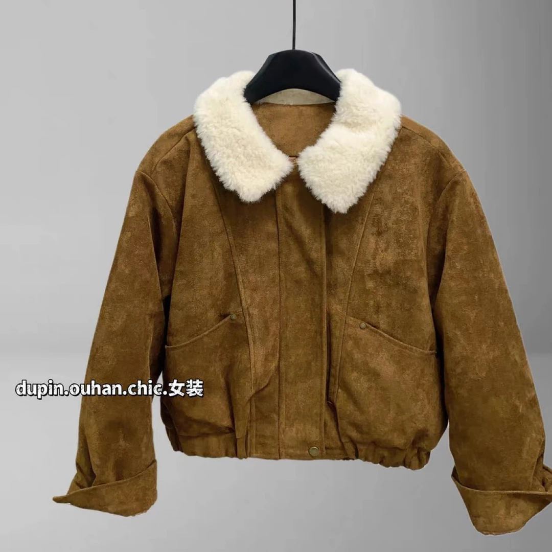 1036 羊羔毛翻领拼接鹿皮绒外套女欧货新款短款上衣女
