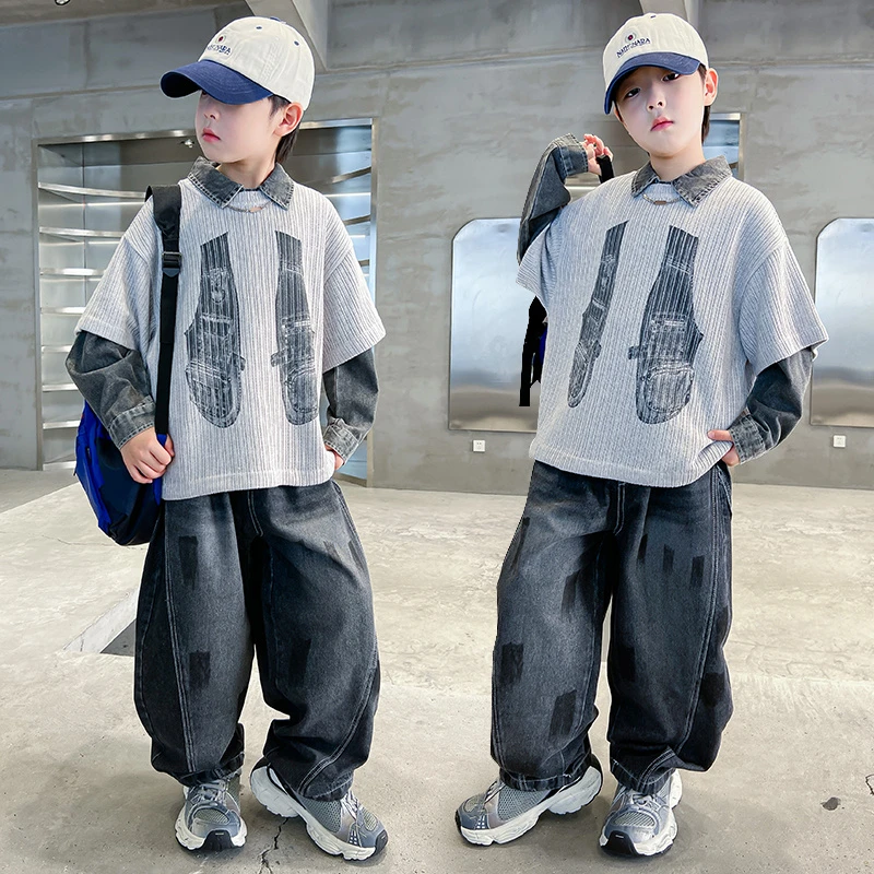 男童秋装洋气假两件套装2025新款大童春秋款牛仔裤儿童韩版两件套