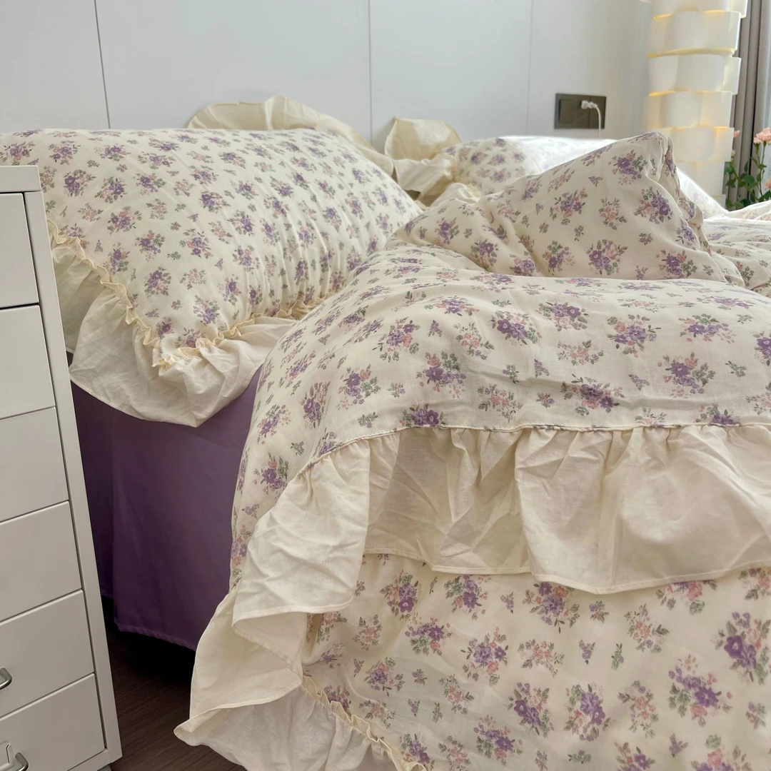 韩式小清新紫色小碎花纯棉有氧双层纱四件套轻奢浪漫亲肤裸睡被套