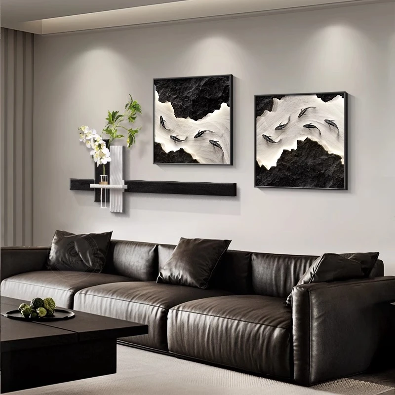 现代轻奢九鱼图客厅装饰画高级感沙发背景墙水培挂画简约玄关壁画