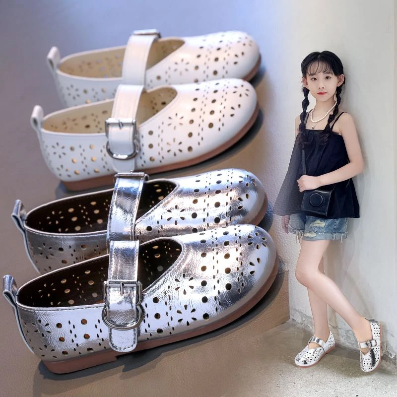 poro女孩银色软底浅口单鞋小皮鞋女童镂空凉鞋2025新款儿童公主鞋