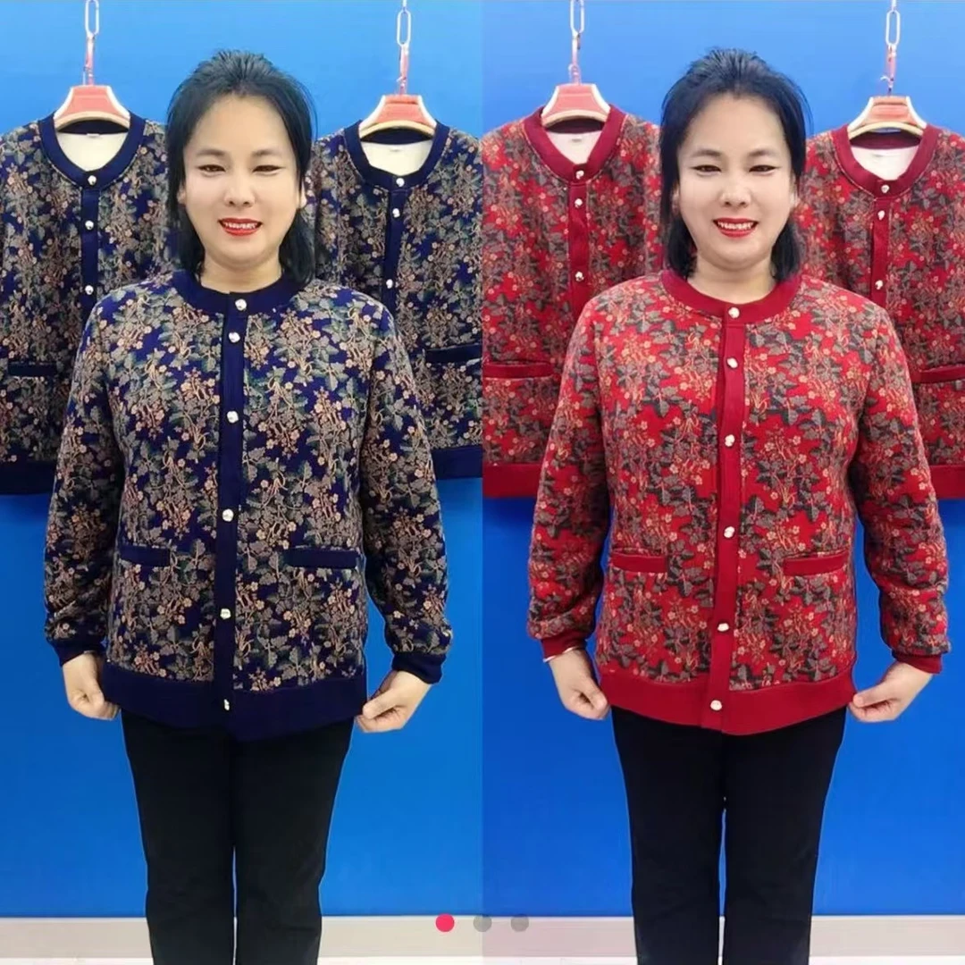 圆领罗马棉加绒外套百搭女士气质加厚秋冬冬季妈妈装保暖碎花