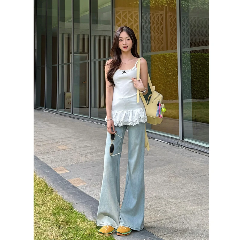 【萱芸芸专属】浅蓝色高腰不贴腿微喇牛仔裤女2025秋季显瘦长裤子