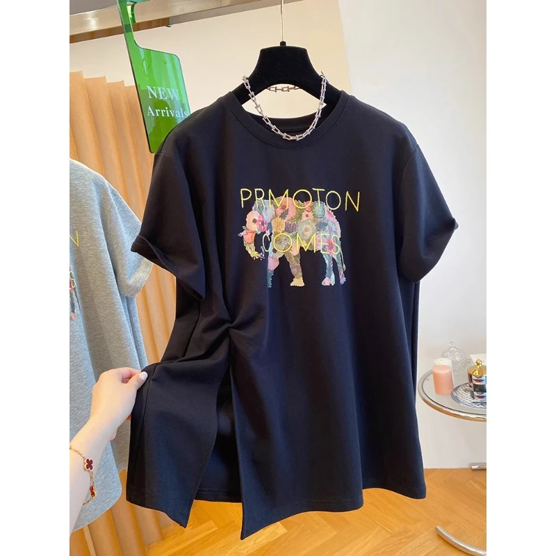 胖妹妹200斤扭结韩版设计感开叉短袖t恤女新款大码宽松圆领上衣夏