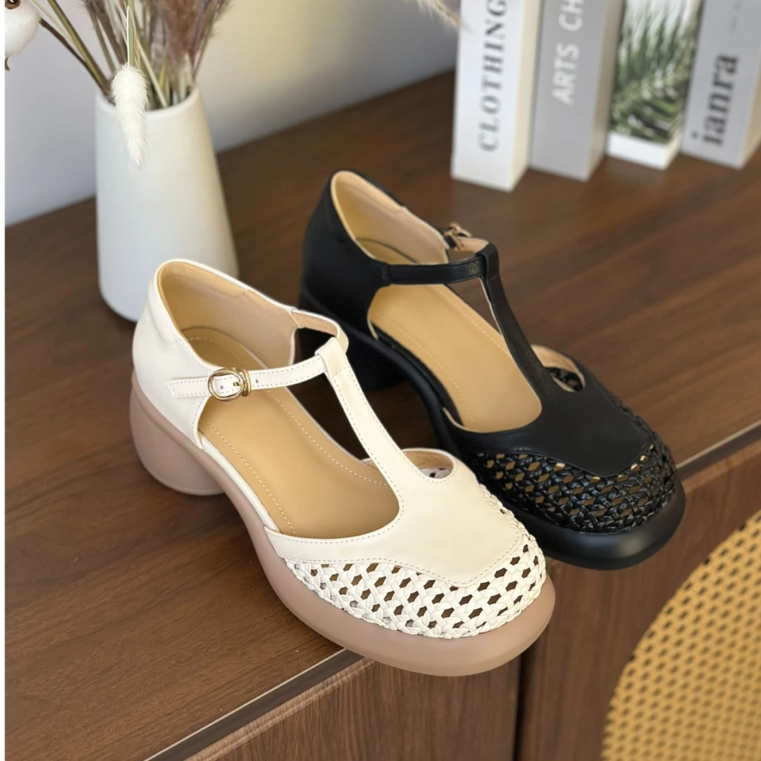 5CM厚底复古百搭夏季镂空粗跟包头编织网面女鞋法式春凉鞋DS-859