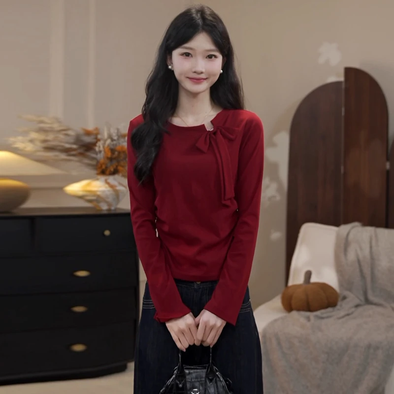 高含棉法式复古蝴蝶结长袖t恤女2025年秋冬新款洋气百搭显瘦上衣