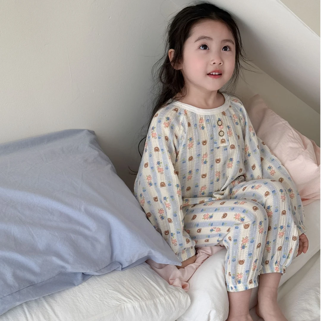 儿童无骨双层棉纱纯棉家居服套装男女童春夏季宝宝圆领宽松空调服