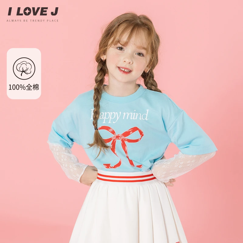 ILOVEJ童装2025春季新款女童蝴蝶结T恤蕾丝袖假两件上衣/JXSTO47