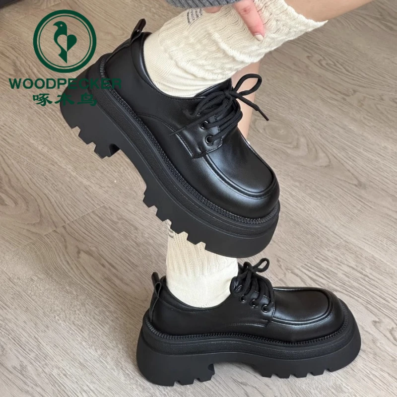 啄木鸟2024秋冬新款学院风百搭厚底增高小个子百搭松糕鞋系带皮鞋