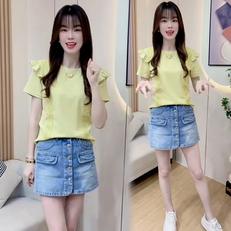 时尚设计感圆领短袖t恤女2025夏季新款洋气减龄蕾丝宽松显瘦上衣