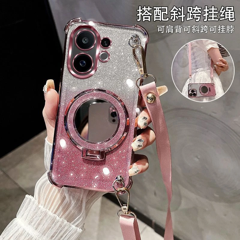 vivoS30手机壳轻奢女款斜跨挂绳四角防摔化妆镜支架软硅胶壳潮