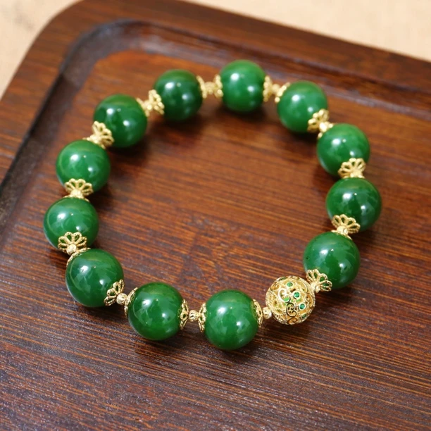 天然俄料碧玉圆珠手串和田玉阳绿复古特色豪华手链微矿点女12mm