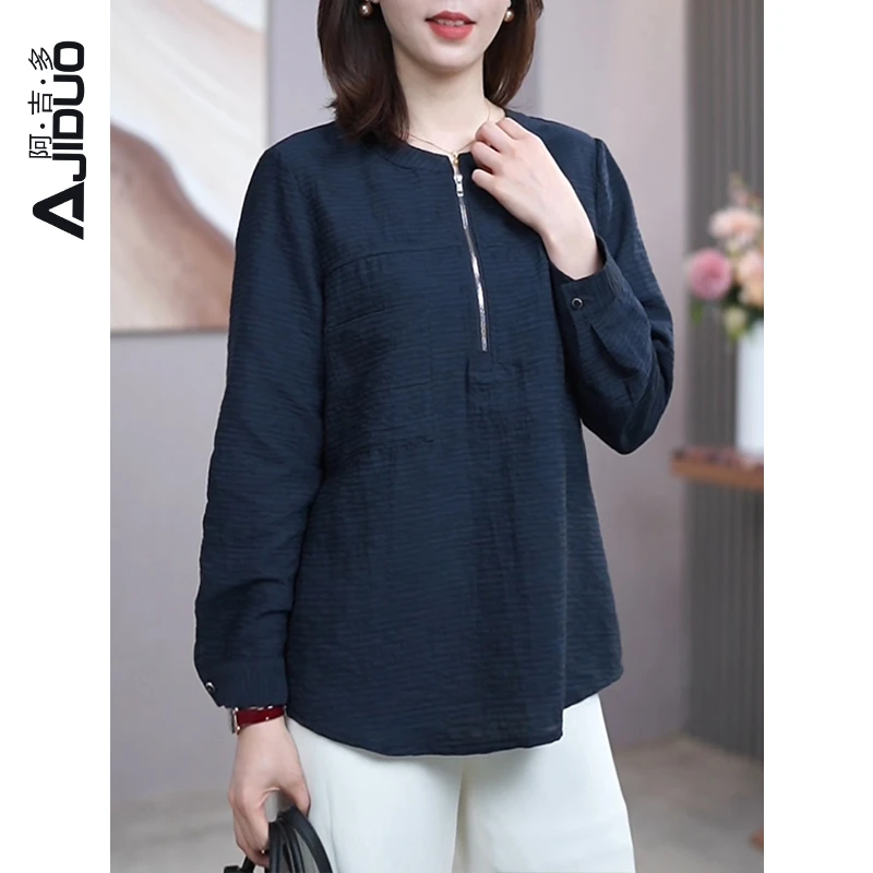 阿吉多A31363半拉链设计感小衫2025年春新款大码长袖衬衫文艺上衣