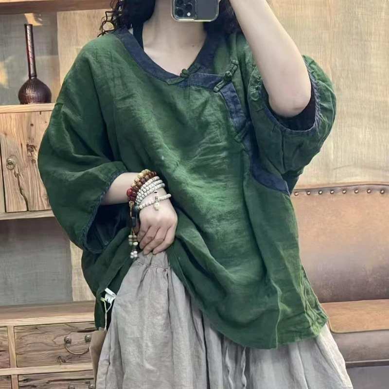 FF复古炒色做旧盘扣亚麻衬衫女宽松休闲上衣围140长65