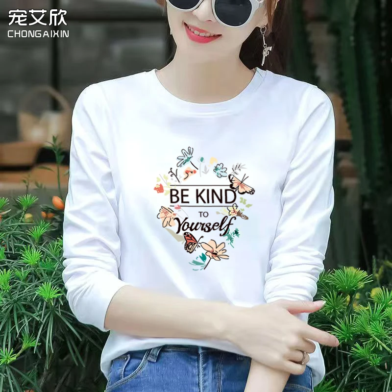 纯棉长袖t恤圆领宽松春秋百搭新款白色打底印花韩版时尚洋气上衣