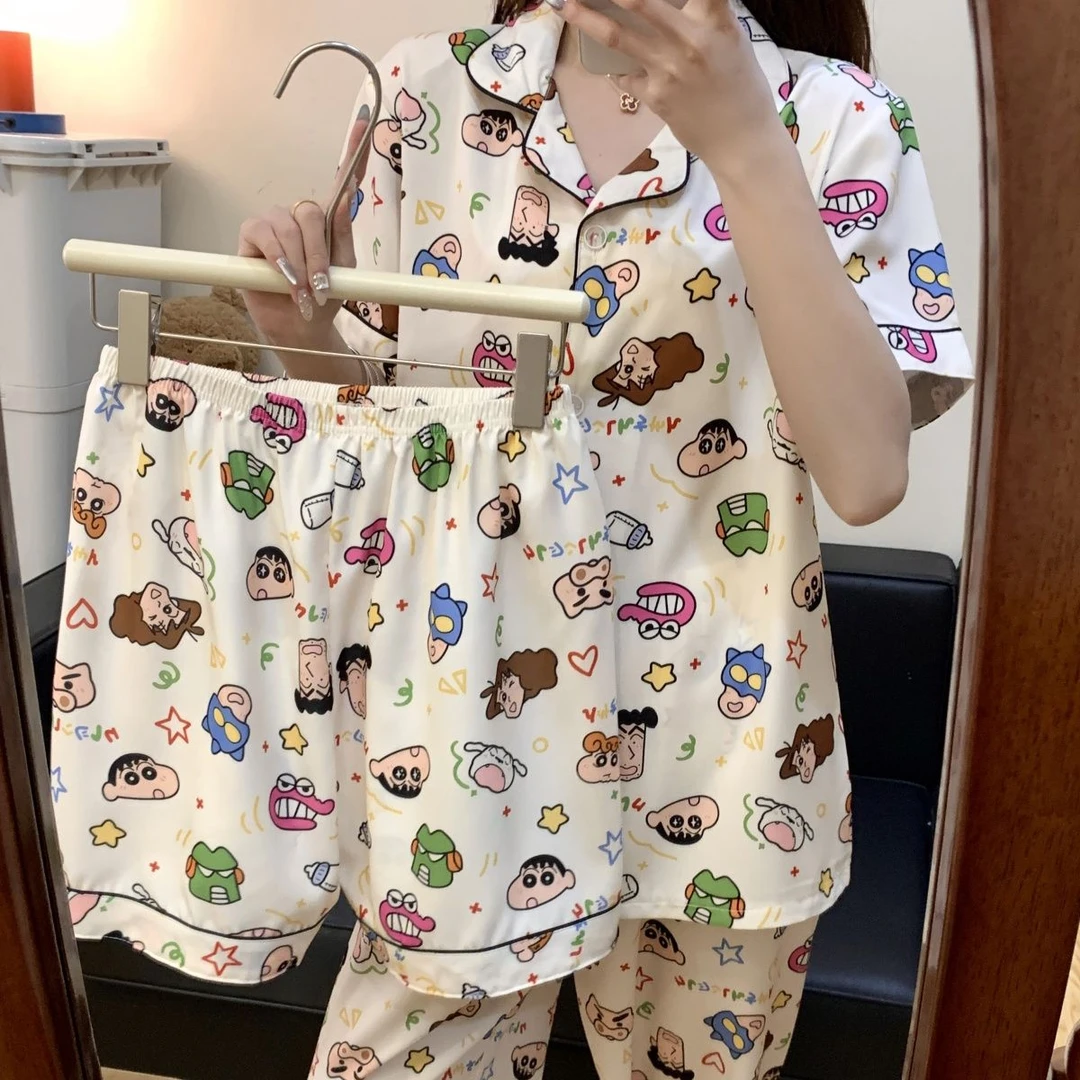 蜡笔小新睡衣女夏季薄款卡通可爱短袖短裤长裤冰丝家居服三件套装