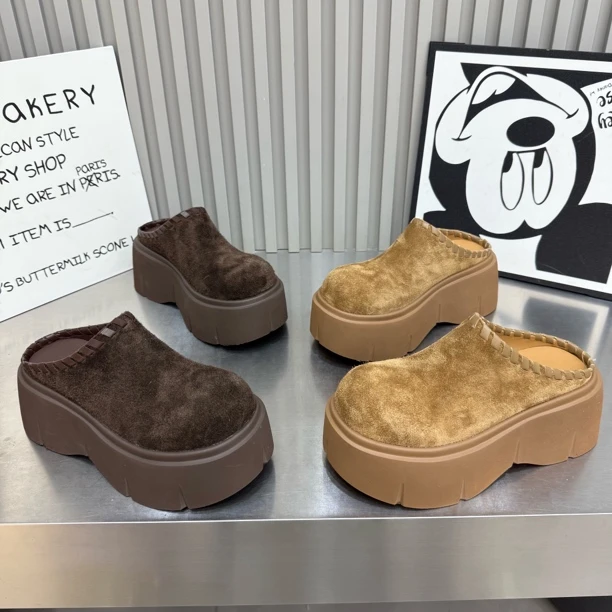 新款厚底松糕米奇头磨砂皮包头拖底厚7公分增高百搭舒适洋气