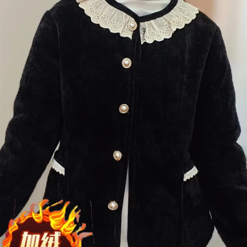 冬季新款花边领加绒加厚棉衣年轻女装时尚小香风百搭外套保暖棉服