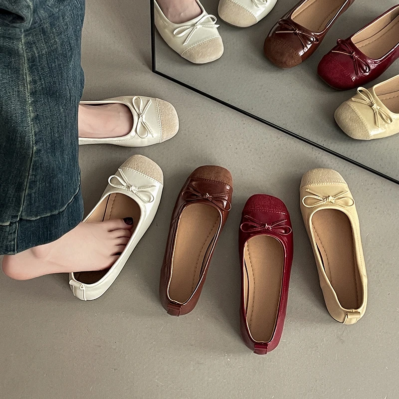 复古风拼接芭蕾舞玛丽珍鞋女2025年夏新款软底休闲配裙蝴蝶结单鞋