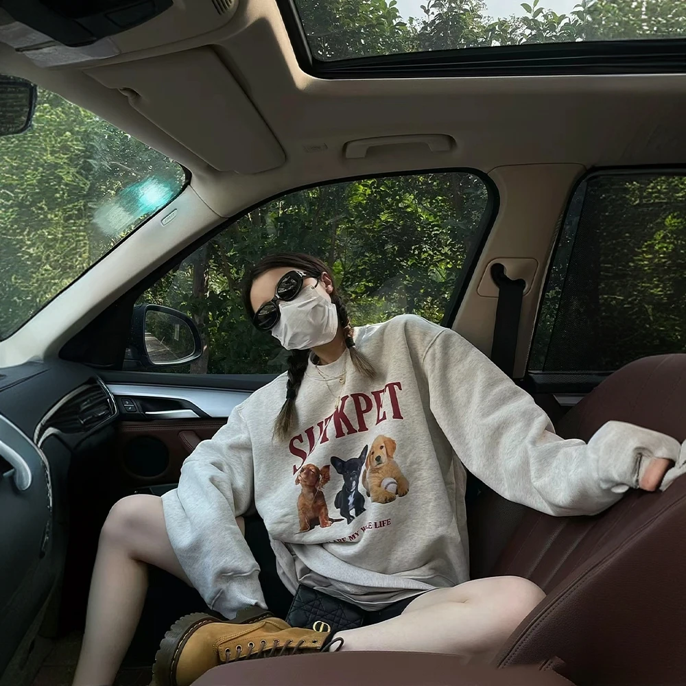 春季美式灰色宽松无帽圆领卫衣女款春秋爆款2025新款百搭上衣即墨