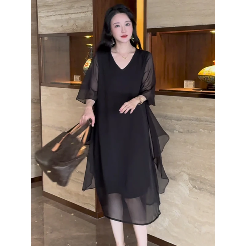 2377#时尚简约高级感休闲黑色连衣裙女设计感宽松气质百搭长裙