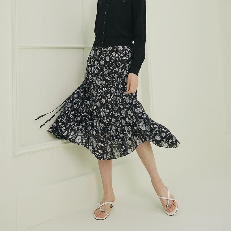 firststation优雅荷叶边不对称碎花A型茶歇半身裙女25夏新款3320A