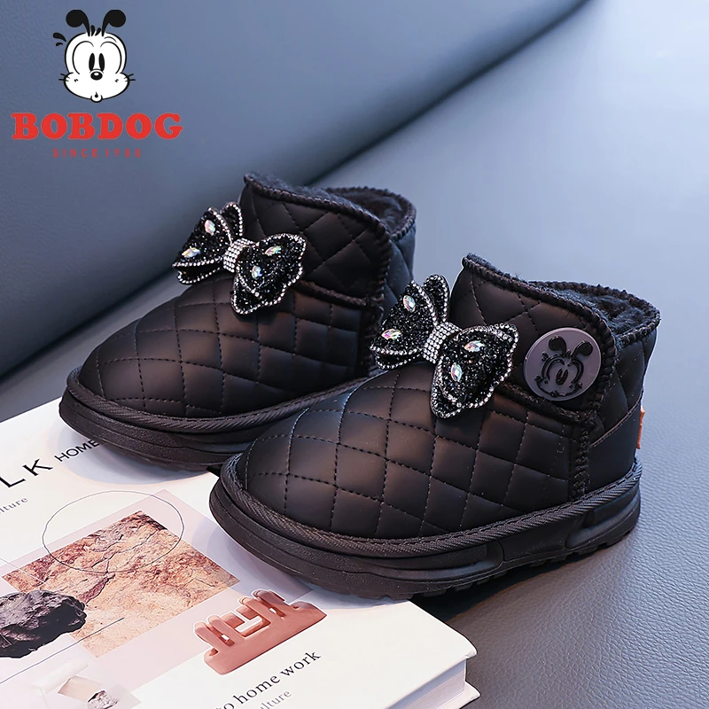 巴布豆品牌儿童加绒雪地靴2025新款冬季防滑雪地加绒加厚皮面防水