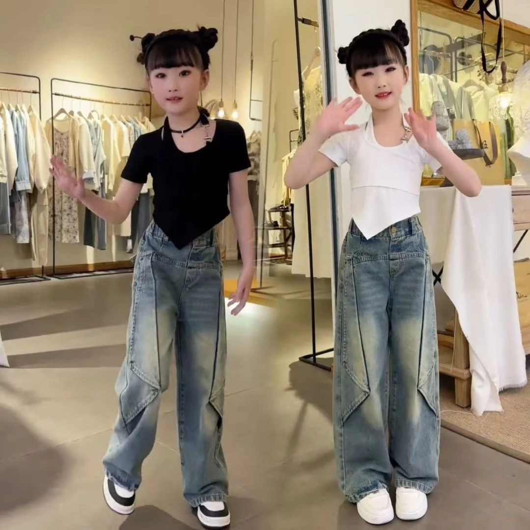 女童夏季时髦网红不规则辣妹短袖T恤女大童洋气韩版牛仔裤两件套