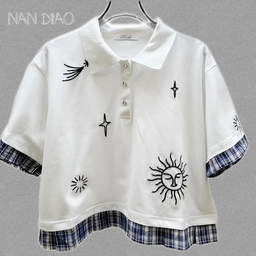NAN·DIAO新品格子拼接图案印花翻领半袖T恤