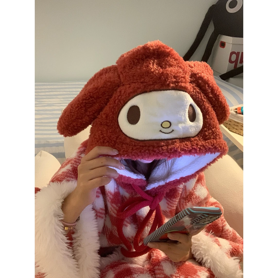 甜美可爱美乐蒂卡通格纹连帽珊瑚绒睡衣女秋冬加厚斗篷家居服睡袍