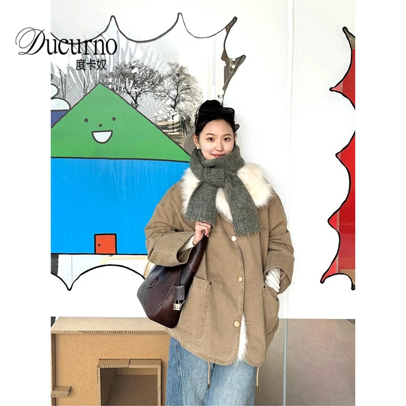 仿狐狸毛连襟领酷飒气质工装派克服女秋冬新款小个子毛呢保暖外套