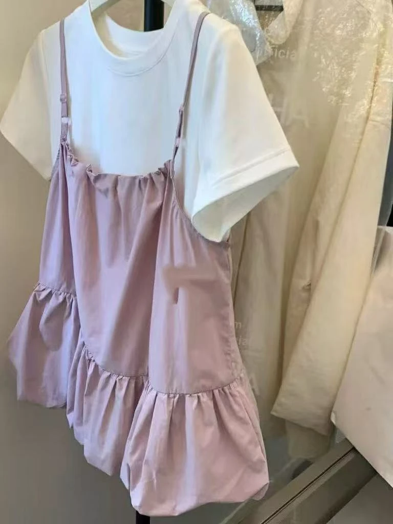 5050胖MM夏季新款韩系纯色半袖T恤＋花苞吊带背心显瘦减龄套装