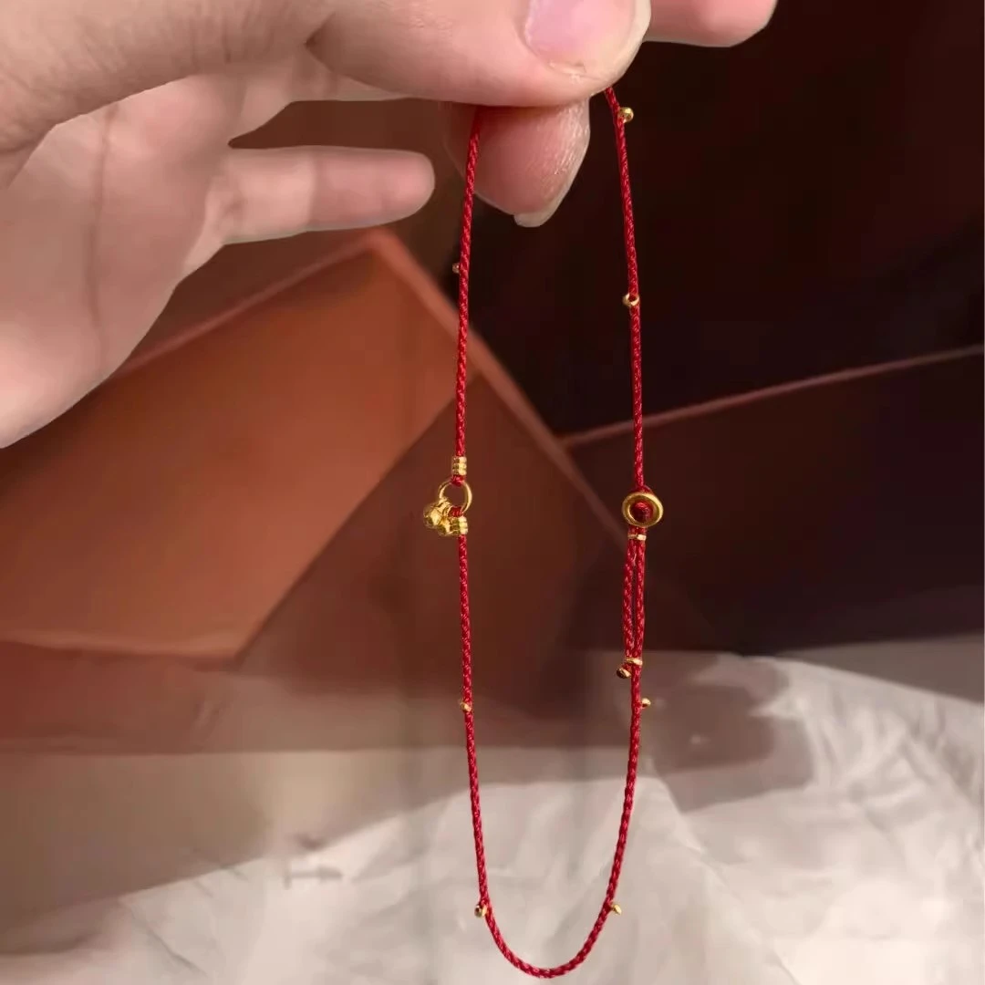 铜合金手链 「好运红」小金球编绳镀18k手链本命年夏季女款极细脚链