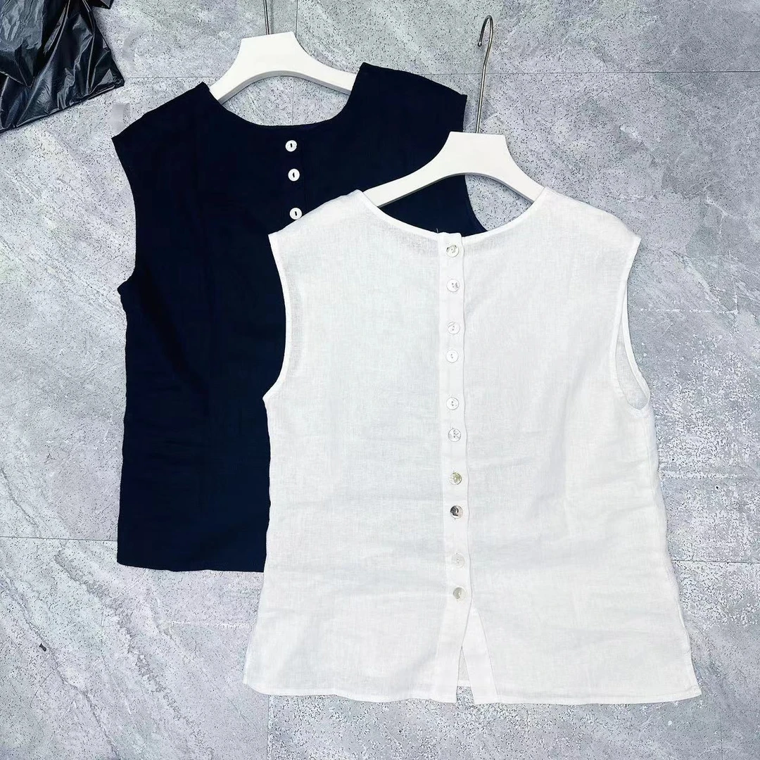 亚麻坎袖后扣背心 231款百搭
