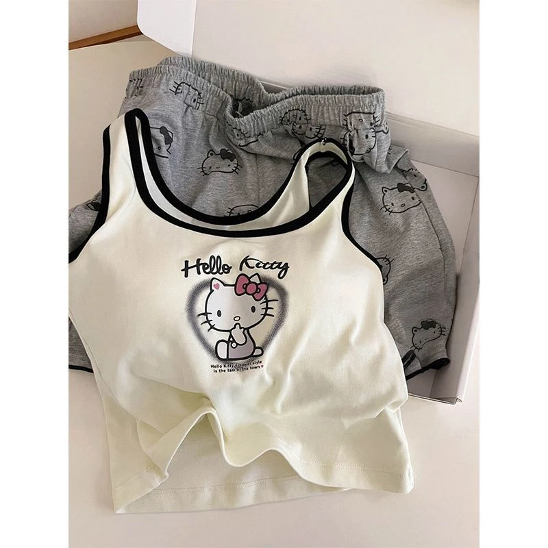 带胸垫无袖吊带睡衣女夏季新款甜美可爱凯蒂猫吊带短裤家居服套装