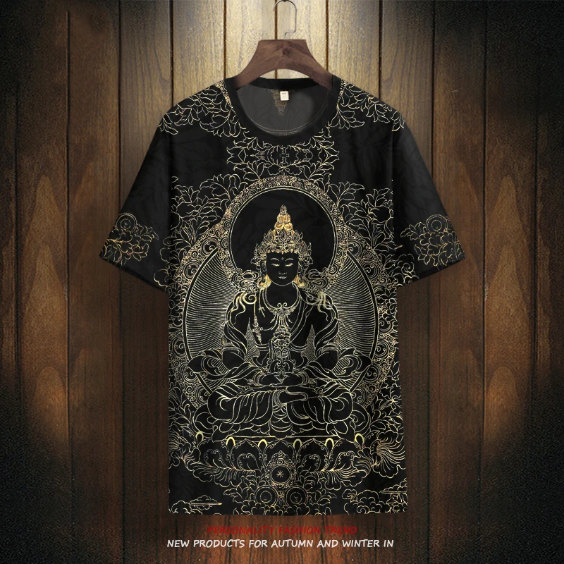 ins国潮短袖T恤男潮流佛像印花汗衫半袖修身显瘦薄款冰感百搭体恤
