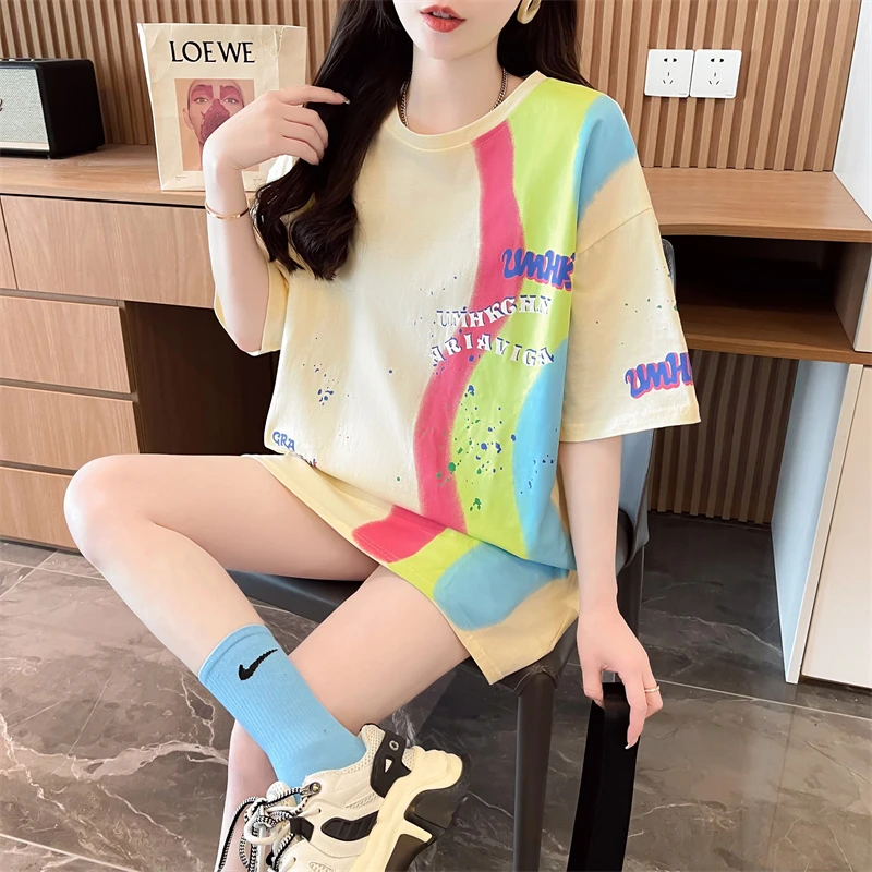 中长款短袖洋气欧货大版t恤女夏季宽松网红款扎染渐变色纯棉上衣