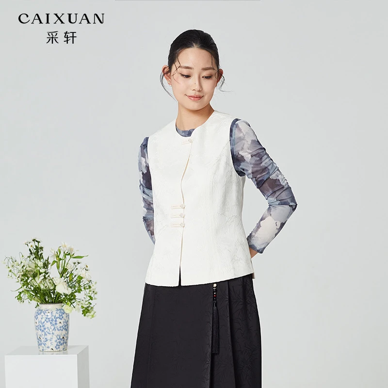 C012241j01CAIXUAN采轩女春薄款印花圆领网纱弹力打底衫