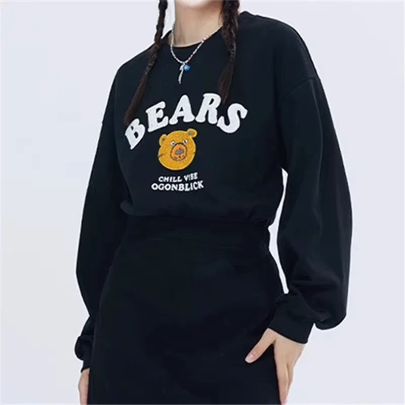 即墨卫衣女刺绣黑色圆领无帽早春薄款美式小个子春秋内搭情侣上衣