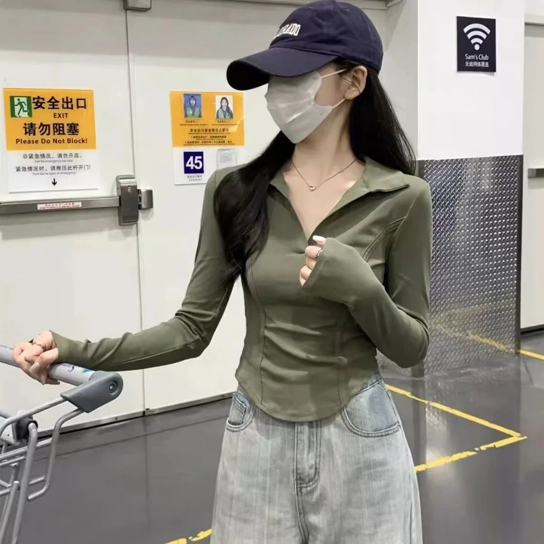 韩系气质修身正肩polo领打底长袖T恤女鱼骨设计感纯色纯欲风上衣