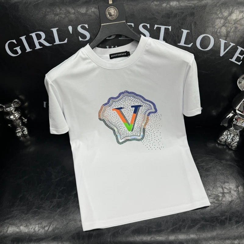 欧货轻奢潮牌夏季烫钻美人图圆领短袖t恤男款高端丝光棉打底上衣